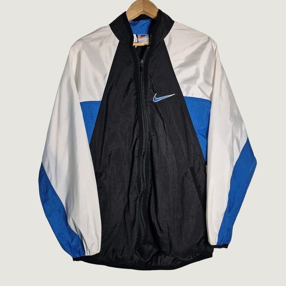 Vintage 90's Nike Windbreaker Jacket Womens M Colorblock Blue Black White Swoosh